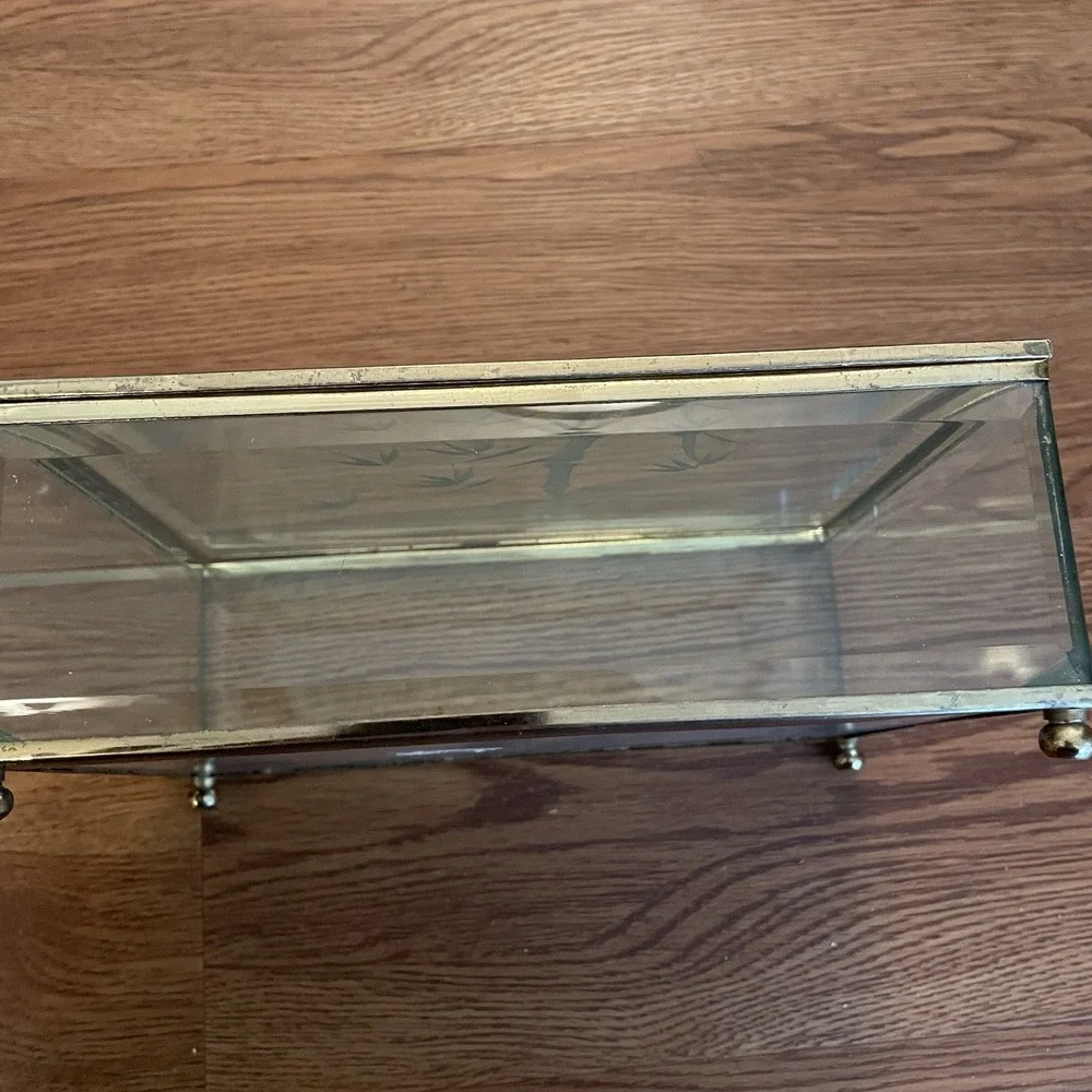 1980s Vintage Etched Bamboo Glass & Brass Jewelry Casket Box 8